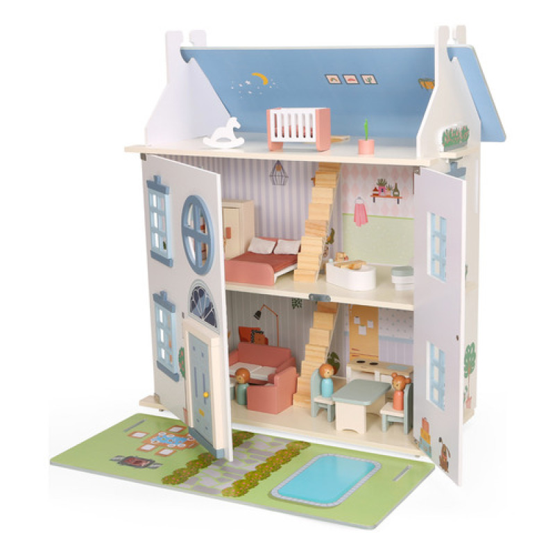 Casita De Muñecas De Madera 3 Pisos + Accesorios Doll House Celeste