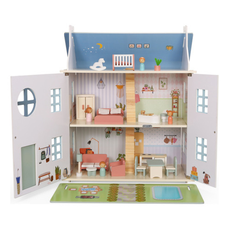 Casita De Muñecas De Madera 3 Pisos + Accesorios Doll House Celeste