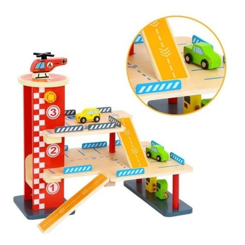 Juguete Parking 3 Pisos + Accesorios De Madera Tooky Toy