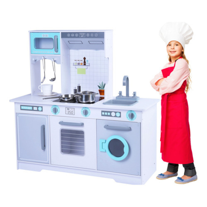 Cocina Infantil De Madera Xxl Con Horno, Micro Y Heladera Celeste