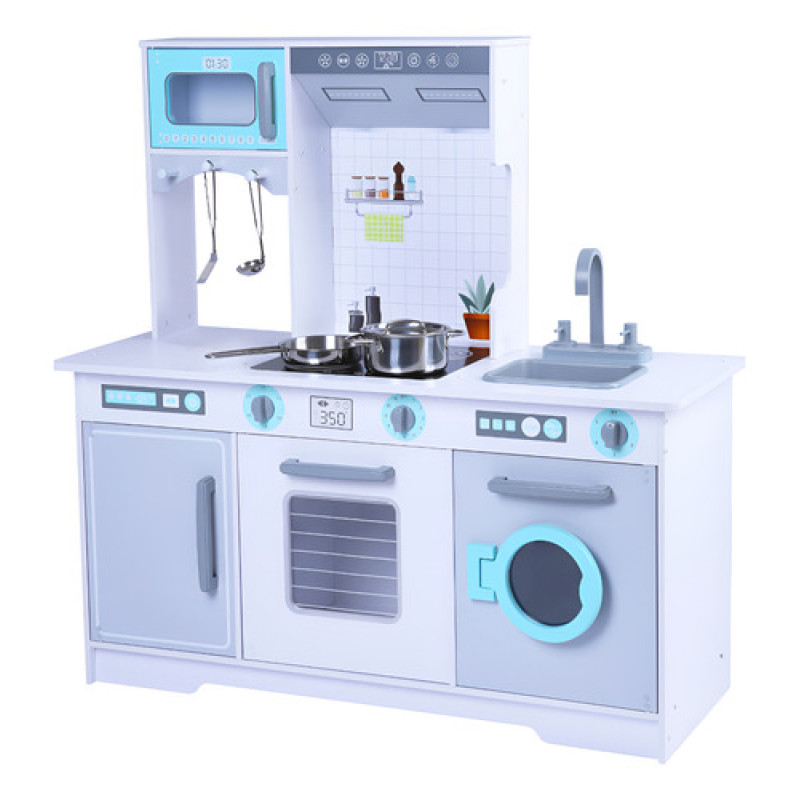 Cocina Infantil De Madera Xxl Con Horno, Micro Y Heladera Celeste