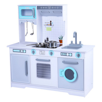 Cocina Infantil De Madera Xxl Con Horno, Micro Y Heladera Celeste