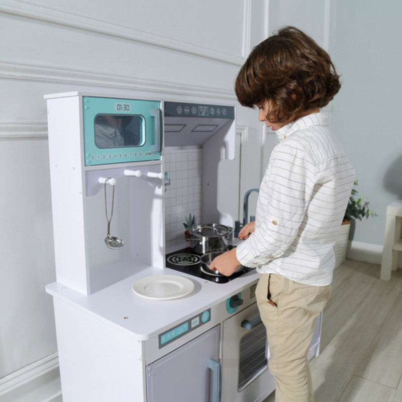 Cocina Infantil De Madera Xxl Con Horno, Micro Y Heladera Celeste